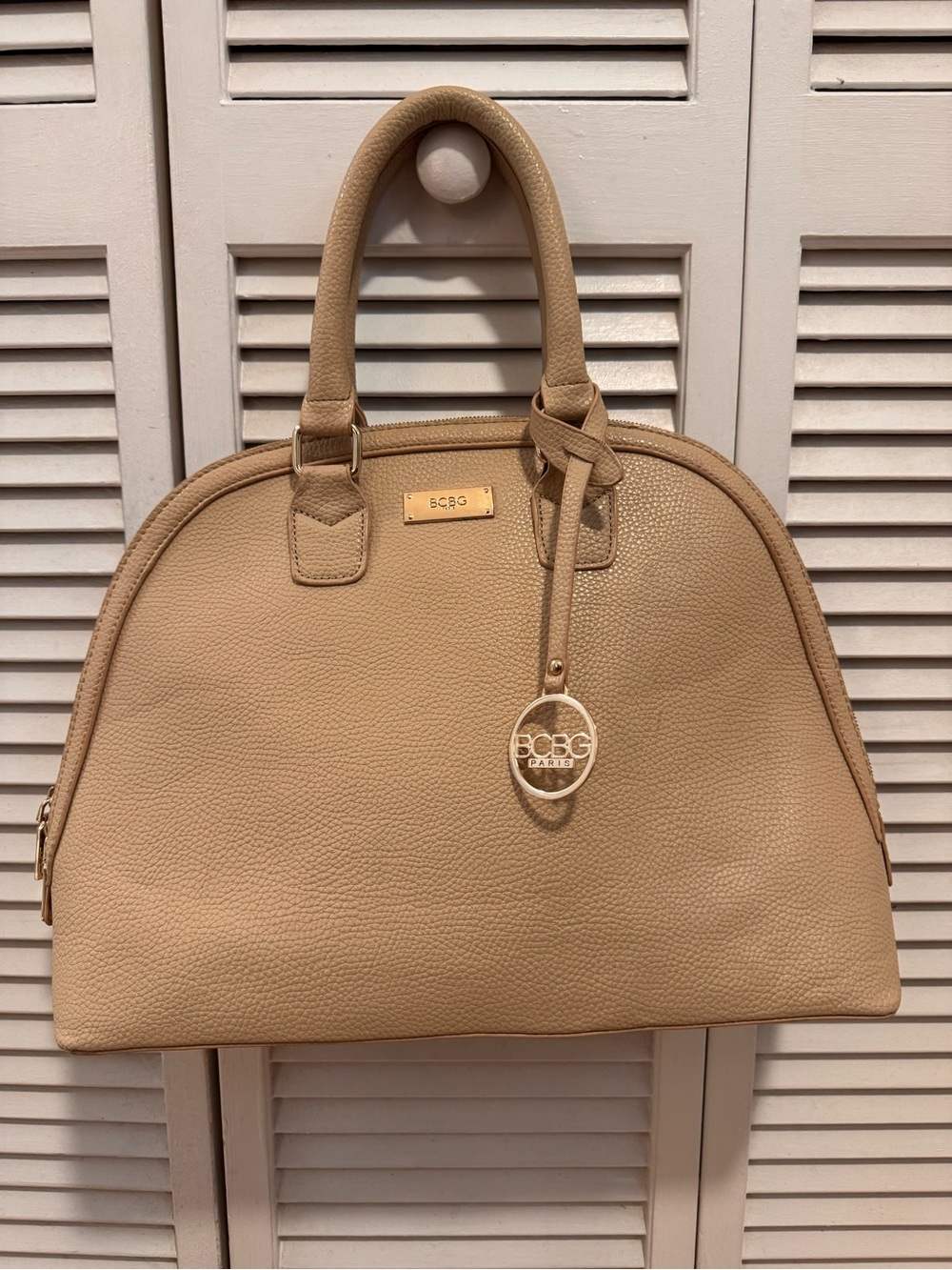BCBG Pebbled Taupe Dome Satchel with Gold-Tone Charm